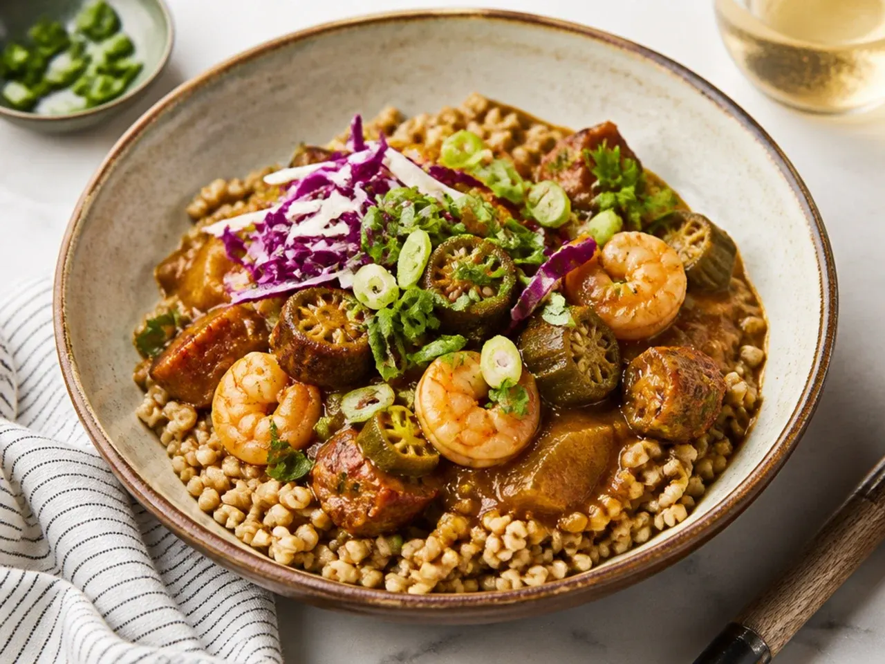 Creative gumbo grain bowl idea over farro with fresh toppings