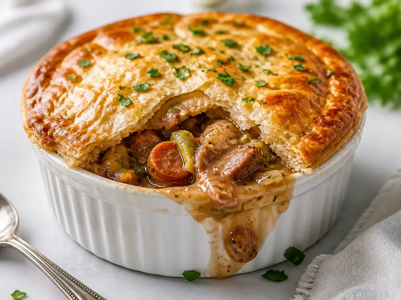 Charming andouille and chicken gumbo pot pie idea with puff pastry
