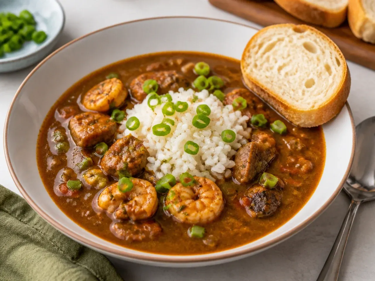 Serving suggestions for gumbo ideas with rice, green onion, and French bread