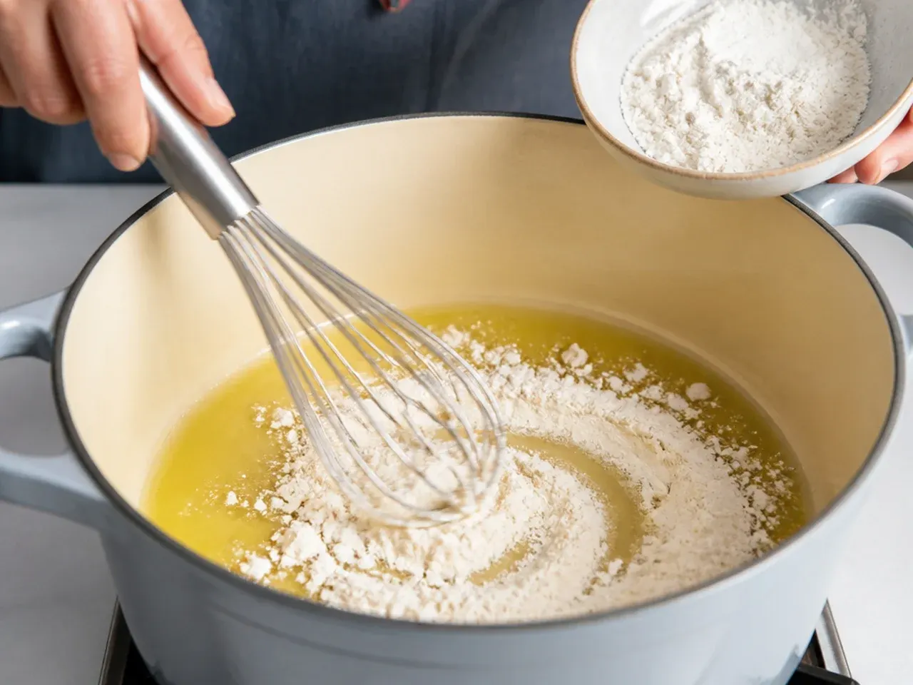 gumbo roux — step 2: warm the oil, then whisk in the flour