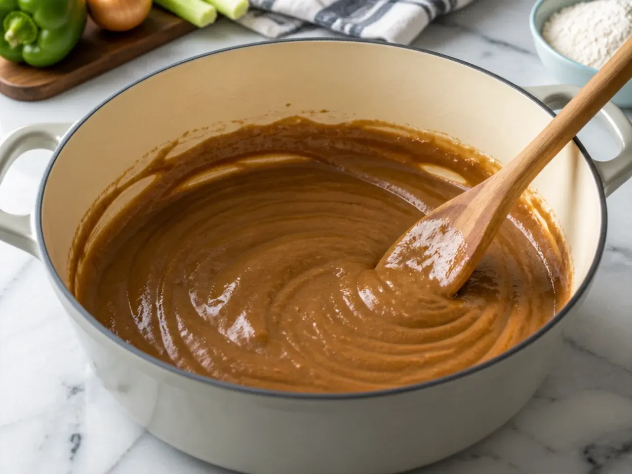 gumbo roux — step 4: cook through the peanut-butter stage