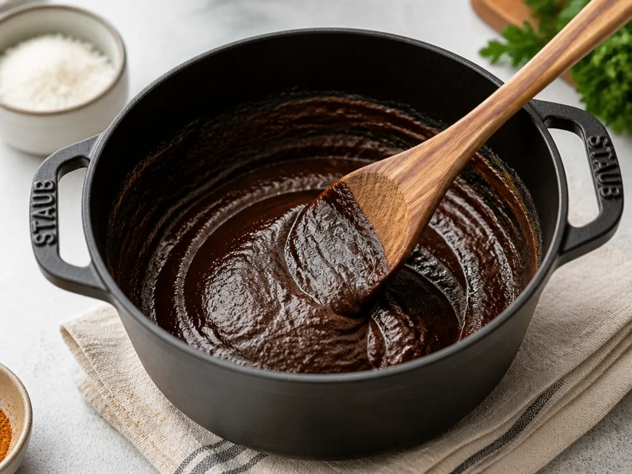 A dark chocolate gumbo roux being stirred with a wooden spoon in a cast iron pot