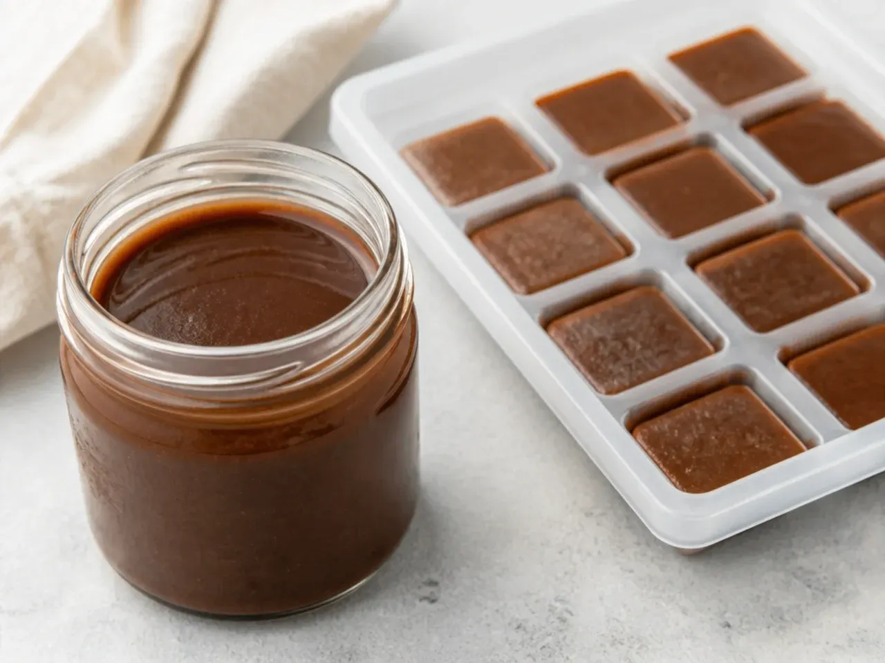 Cooled dark gumbo roux stored in a glass jar and frozen roux cubes in a tray
