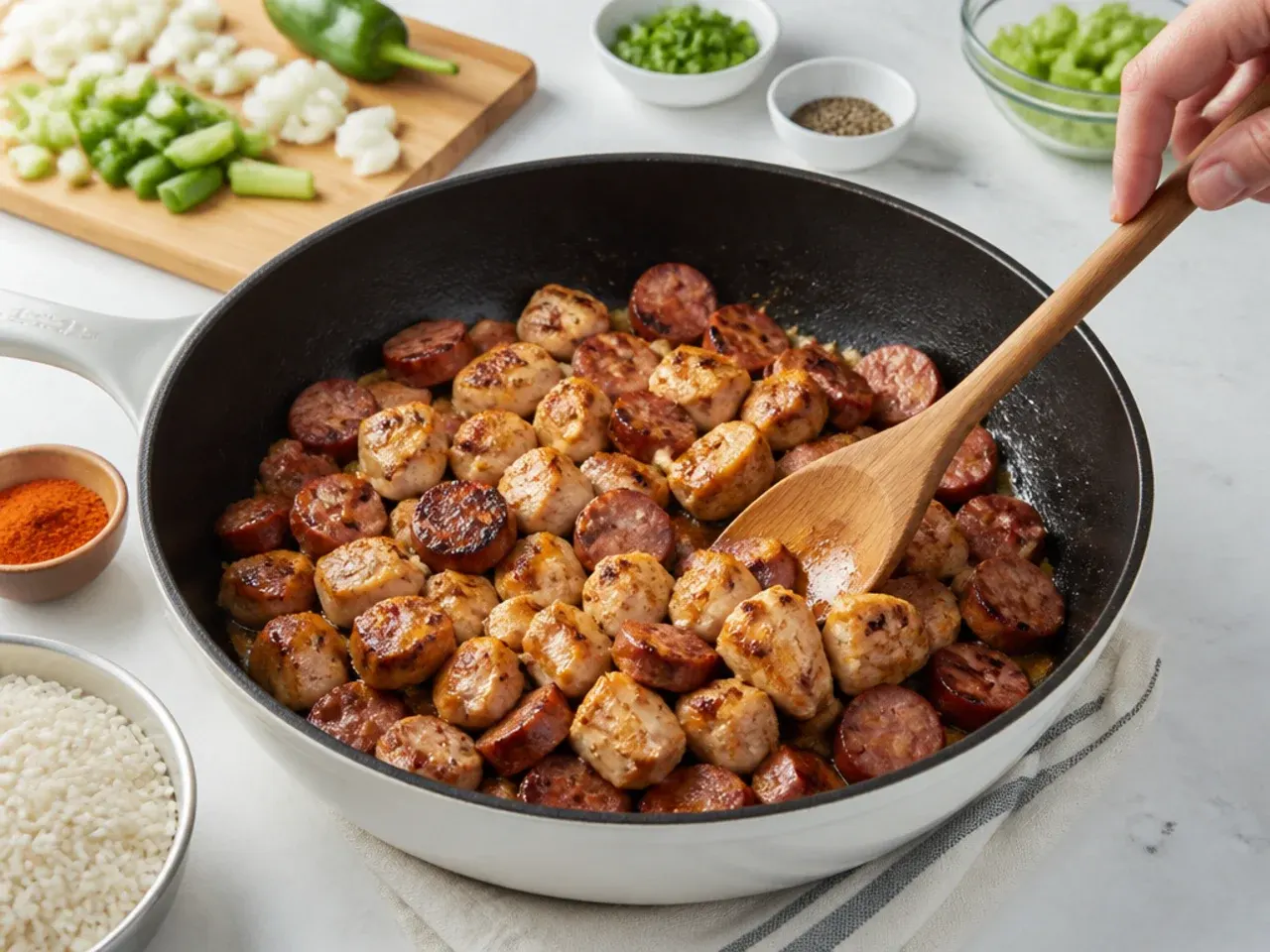 gumbo vs jambalaya — step 3: brown the sausage and chicken