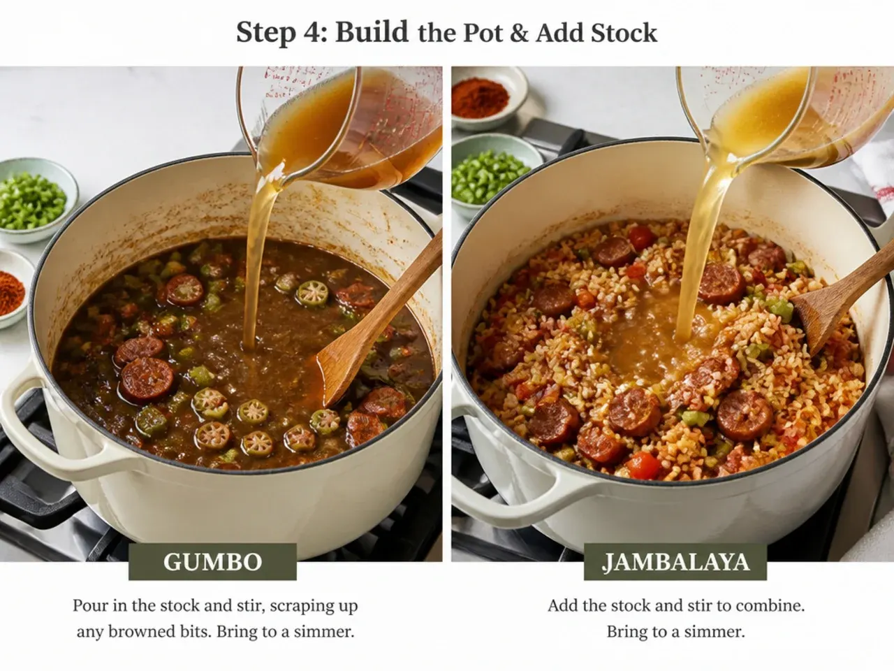 gumbo vs jambalaya — step 4: build the pot and add stock