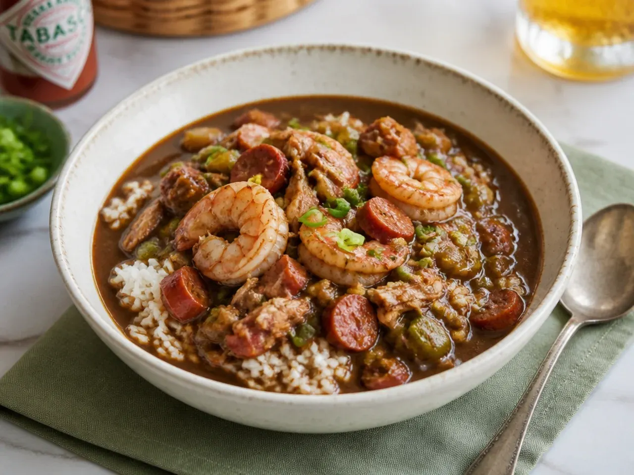 Bowl of dark roux gumbo with sausage and shrimp served over white rice in a gumbo vs jambalaya comparison