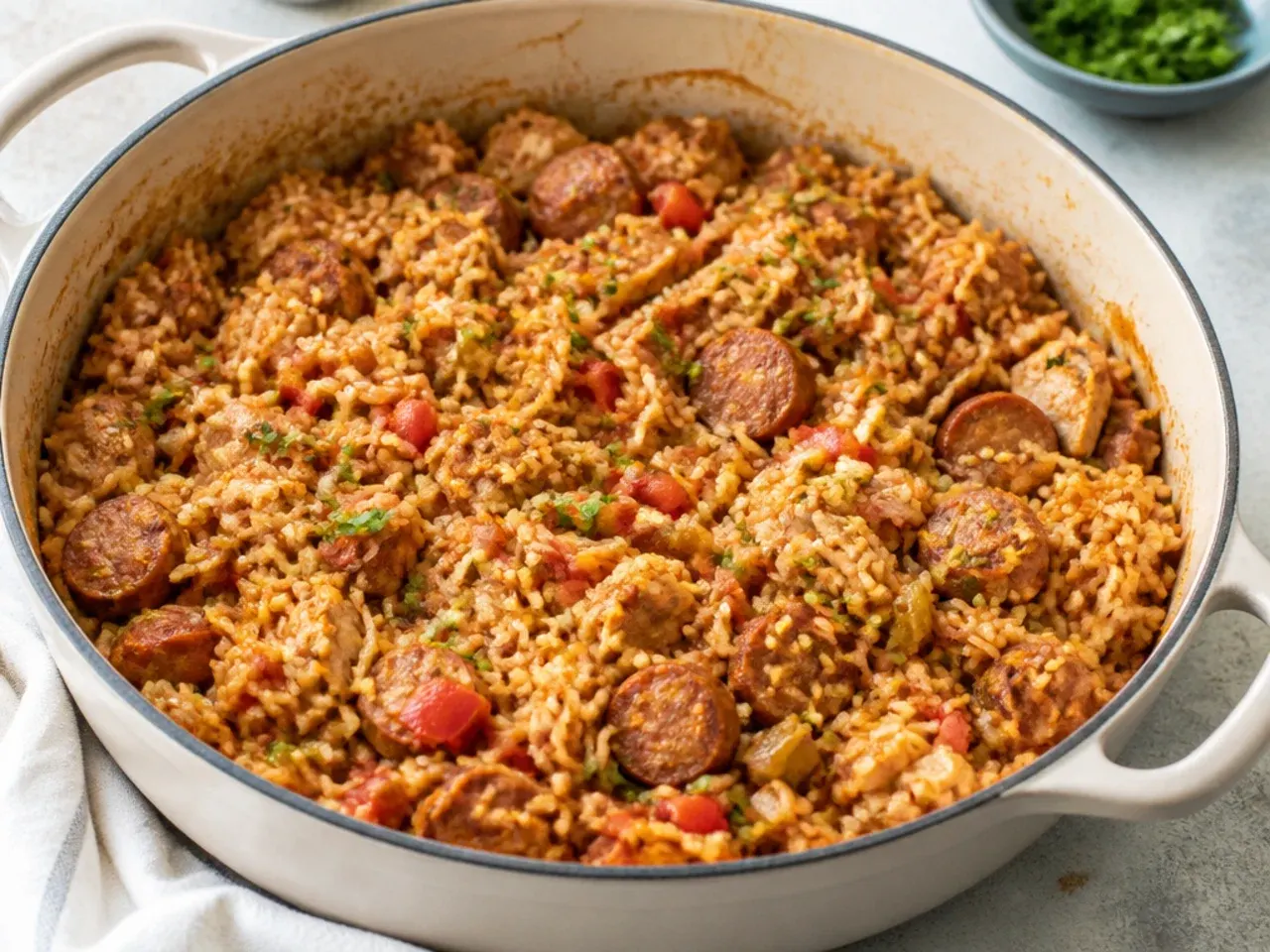 One-pot Cajun jambalaya with sausage, chicken and long-grain rice showing the jambalaya vs gumbo texture difference