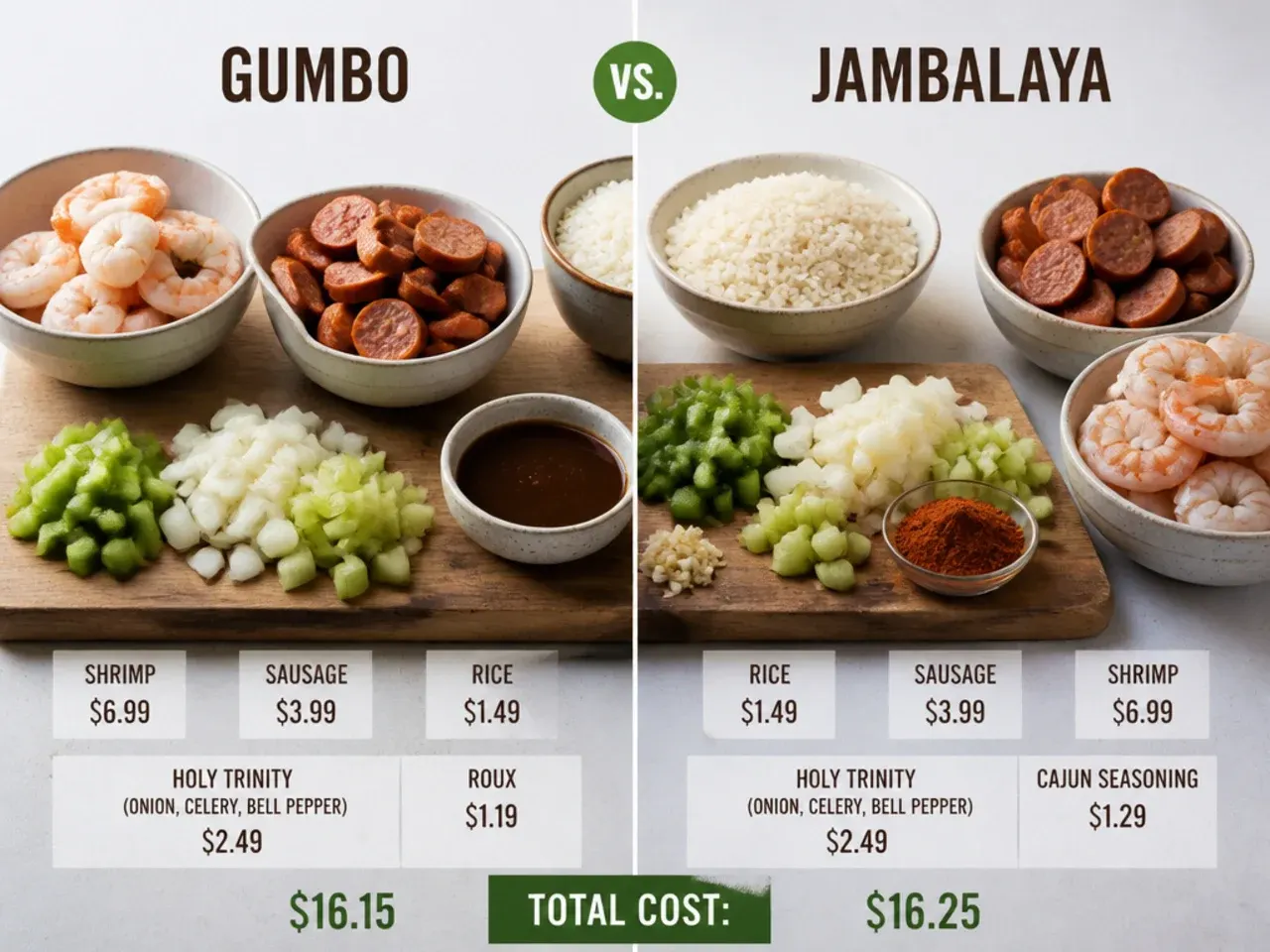 Side-by-side ingredients for gumbo vs jambalaya showing sausage, rice, shrimp and the holy trinity for a cost comparison