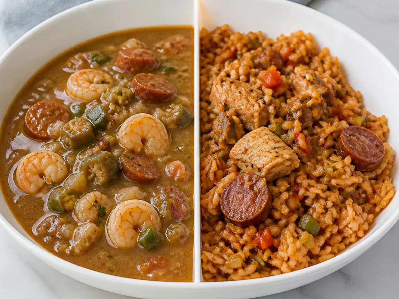 Close-up comparing the soupy stew texture of gumbo with the moist fluffy rice texture of jambalaya