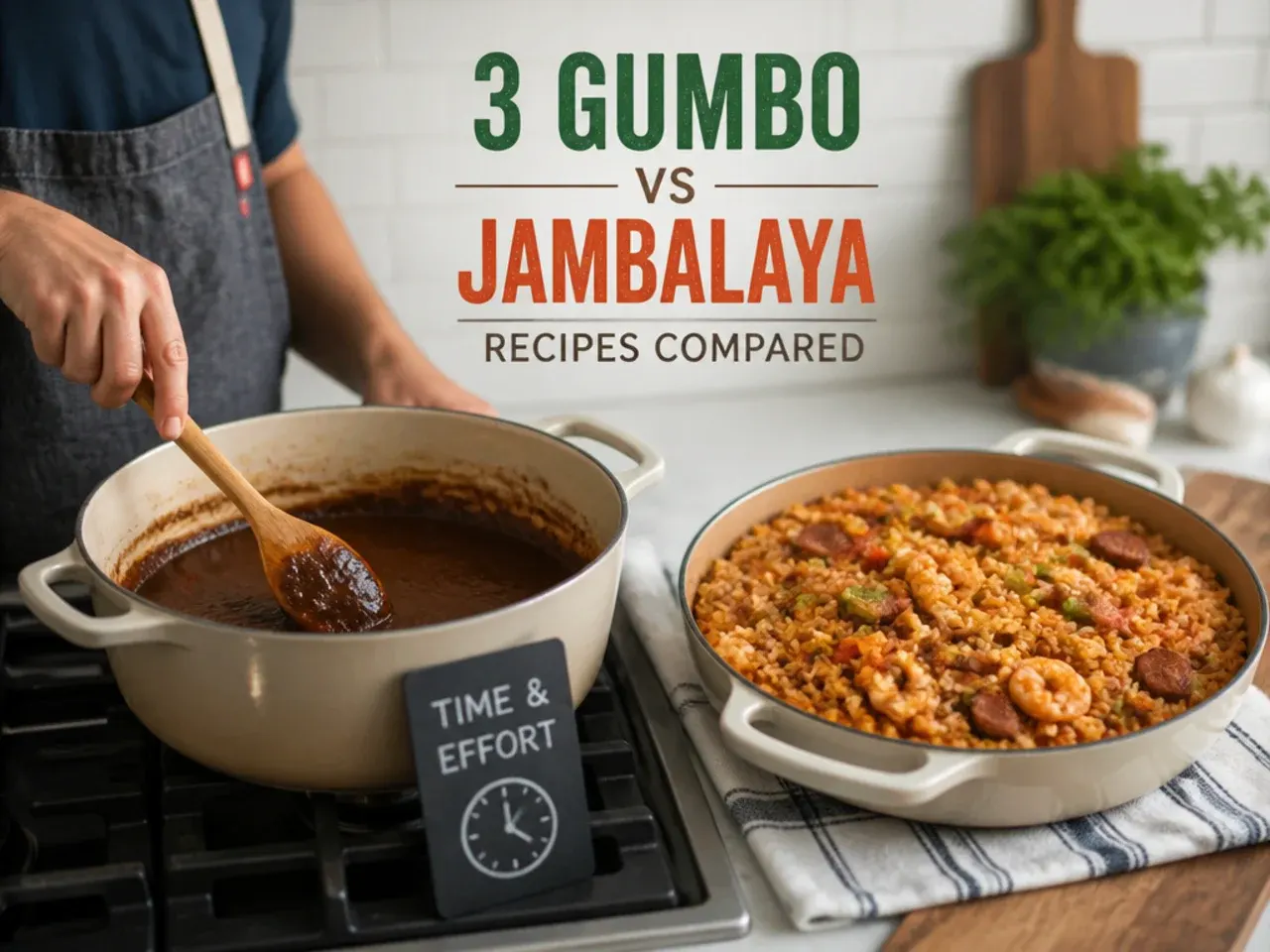 Cook stirring a dark gumbo roux at the stove next to a quick one-pot jambalaya, illustrating the time and effort difference