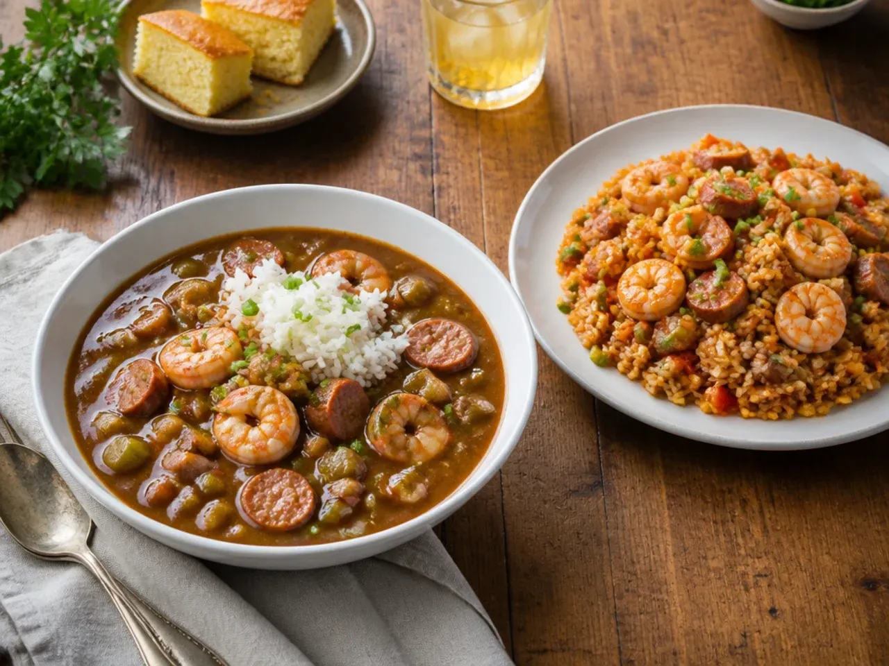 Gumbo and jambalaya both plated on a table for a Louisiana dinner, helping decide which to make by situation