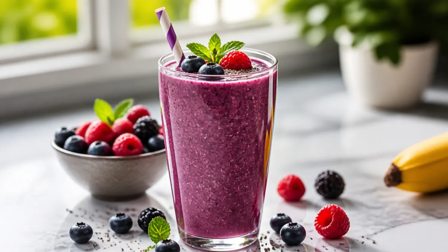 Overhead shot of a creamy gut-healthy green smoothie in a glass, topped with chia seeds, banana slices and fresh berries