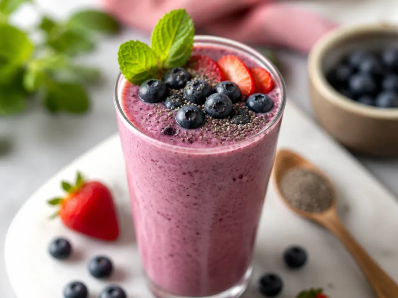 Row of colourful gut-healthy smoothies in glasses lined up on a kitchen counter