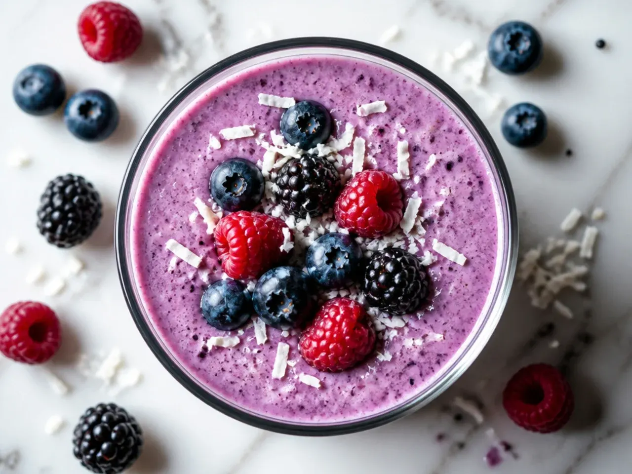 Classic kefir and mixed berry smoothie in a tall glass with a purple hue