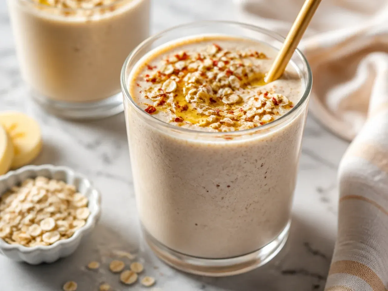 Simple banana oat smoothie in a glass jar with a striped straw