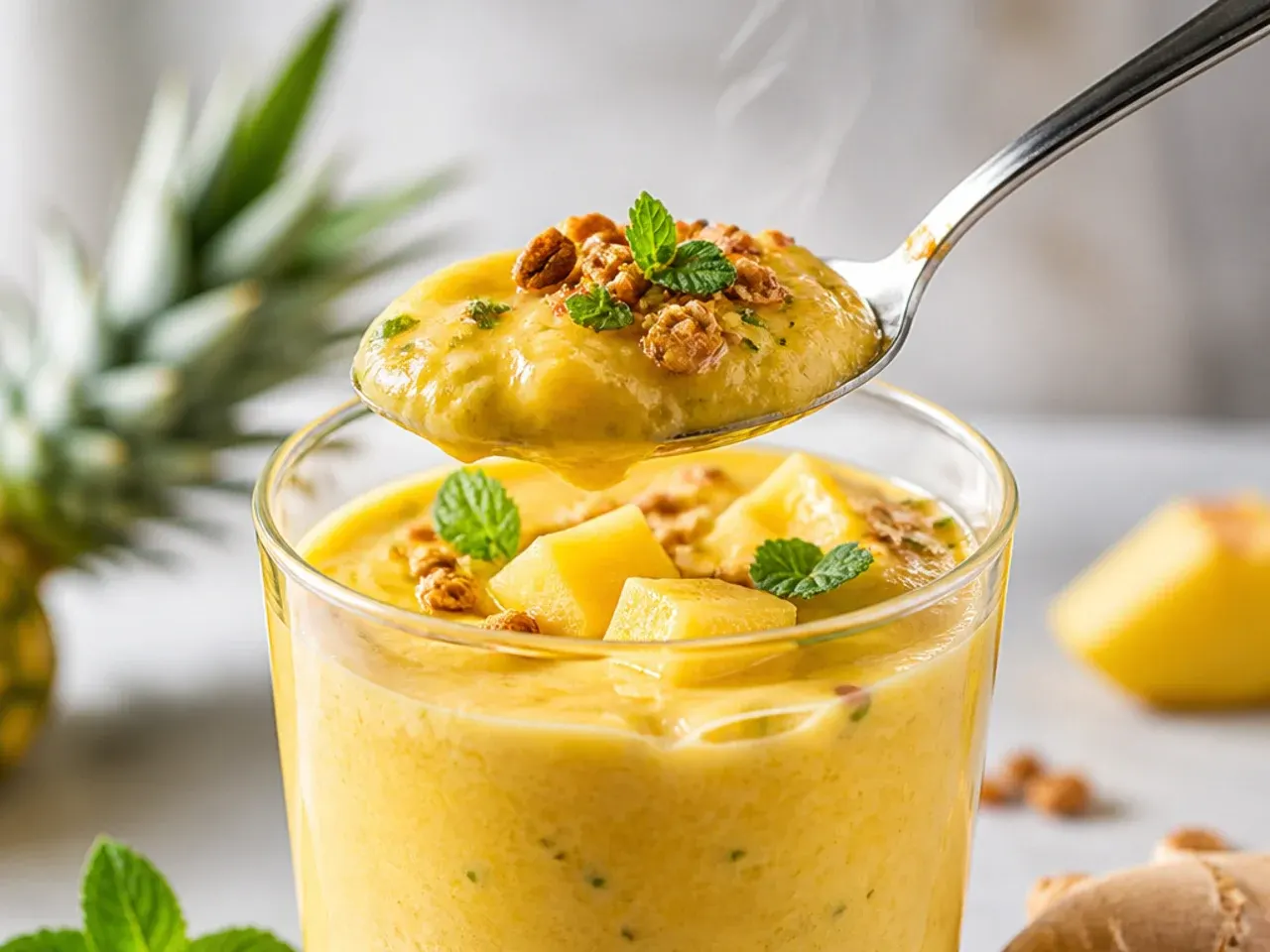 Fresh pineapple mint smoothie with a mint leaf garnish