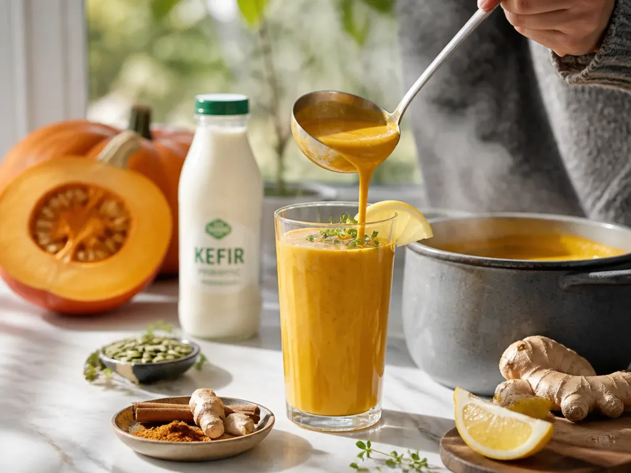 Spiced pumpkin kefir smoothie in a mug with a cinnamon stick