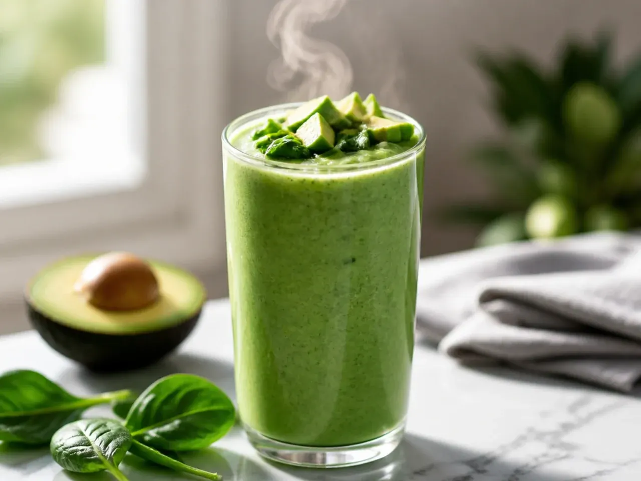 Creamy pale green avocado spinach smoothie in a glass