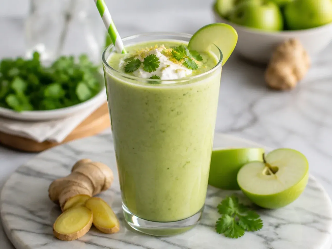 Zesty green apple and ginger smoothie in a mason jar