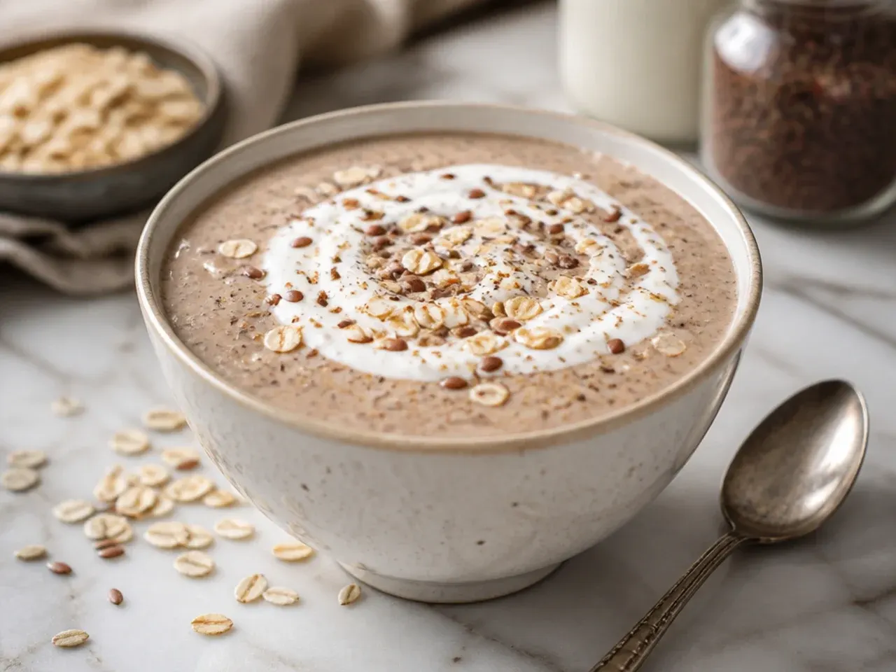 Thick oat and flax breakfast smoothie topped with rolled oats