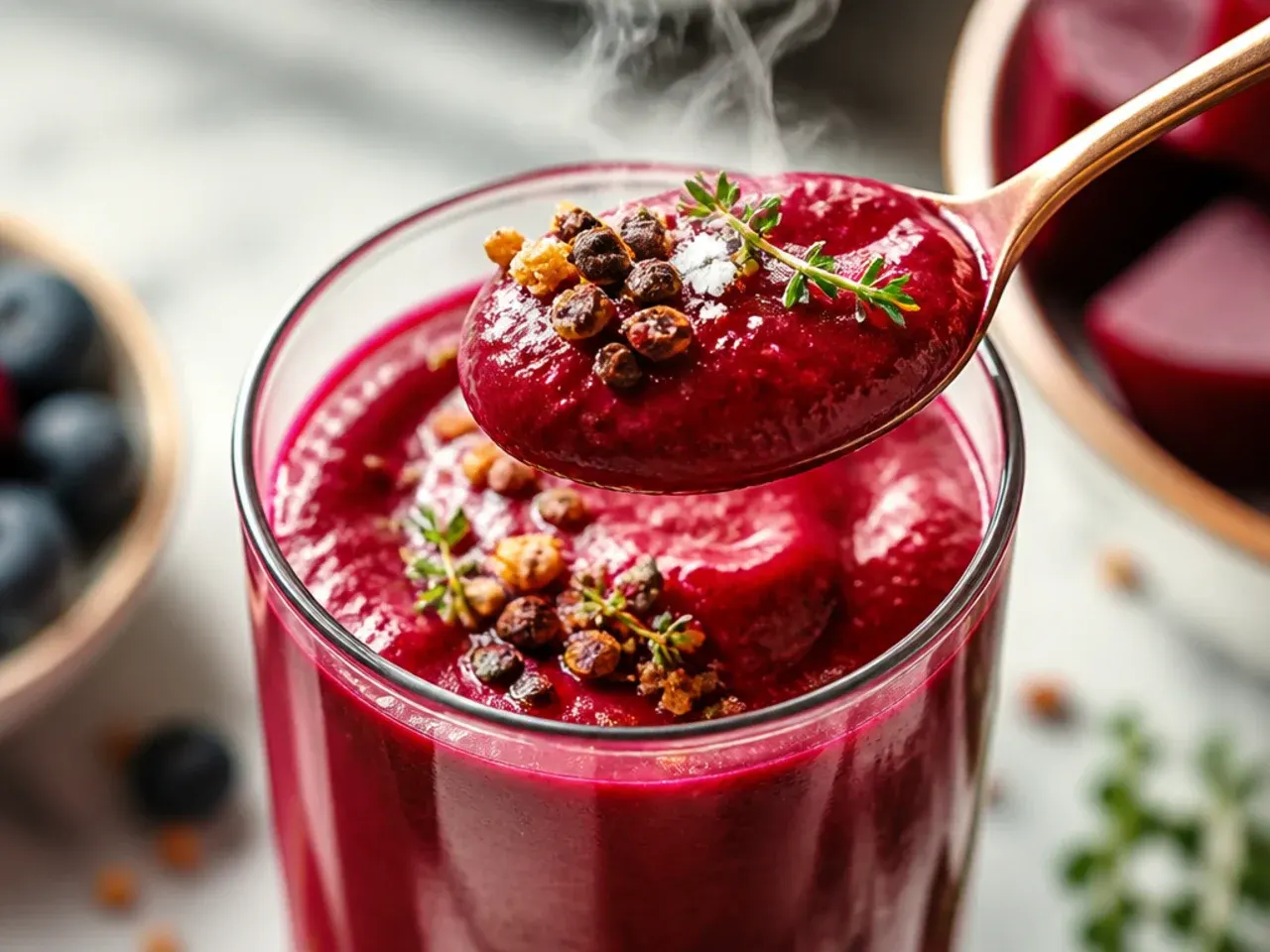 Deep magenta beetroot and berry smoothie in a glass