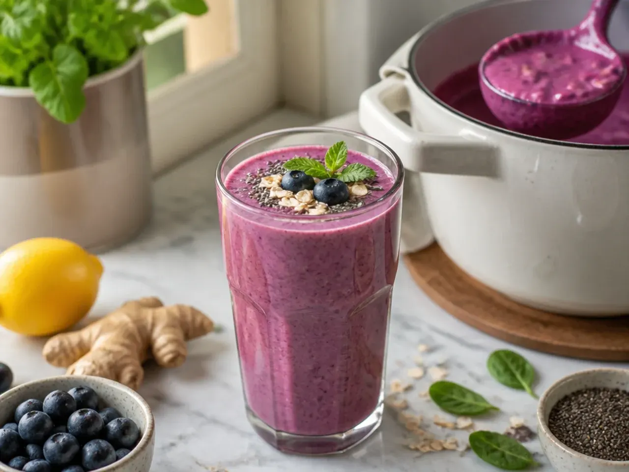 Loaded green superfood smoothie bowl topped with chia seeds and banana