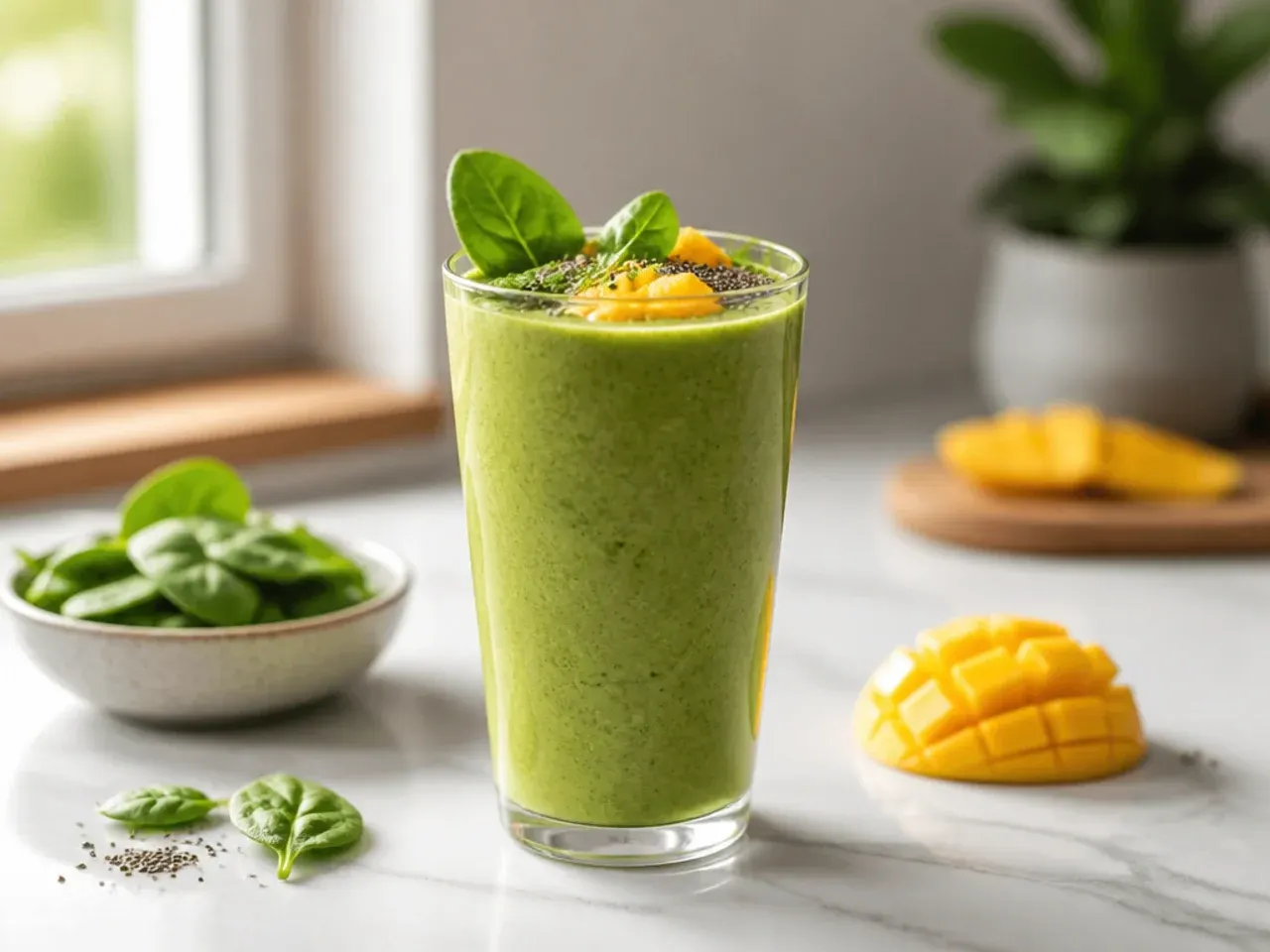 Bright yellow mango spinach smoothie in a kid-friendly cup