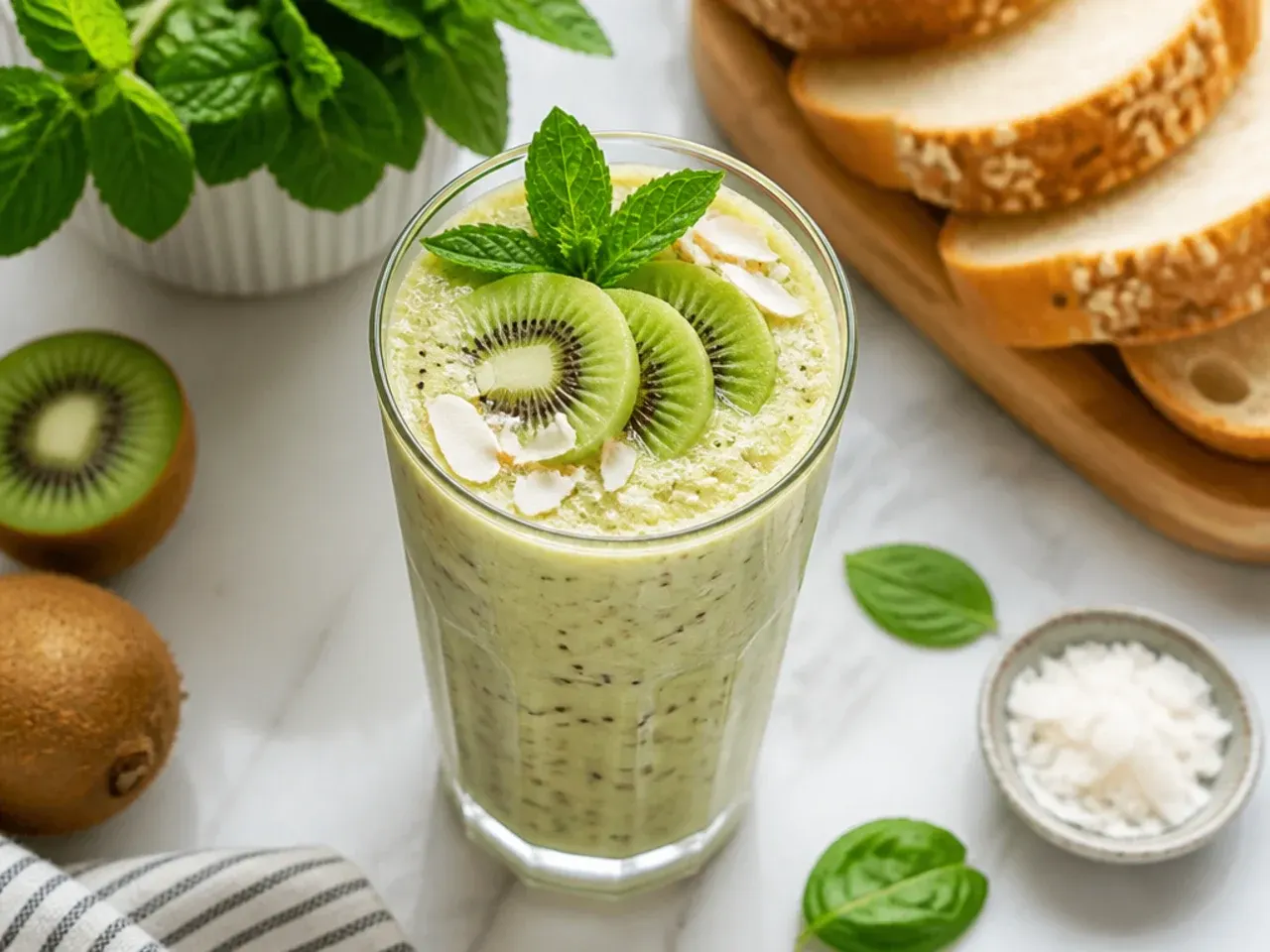 Tropical kiwi kefir smoothie garnished with a kiwi slice