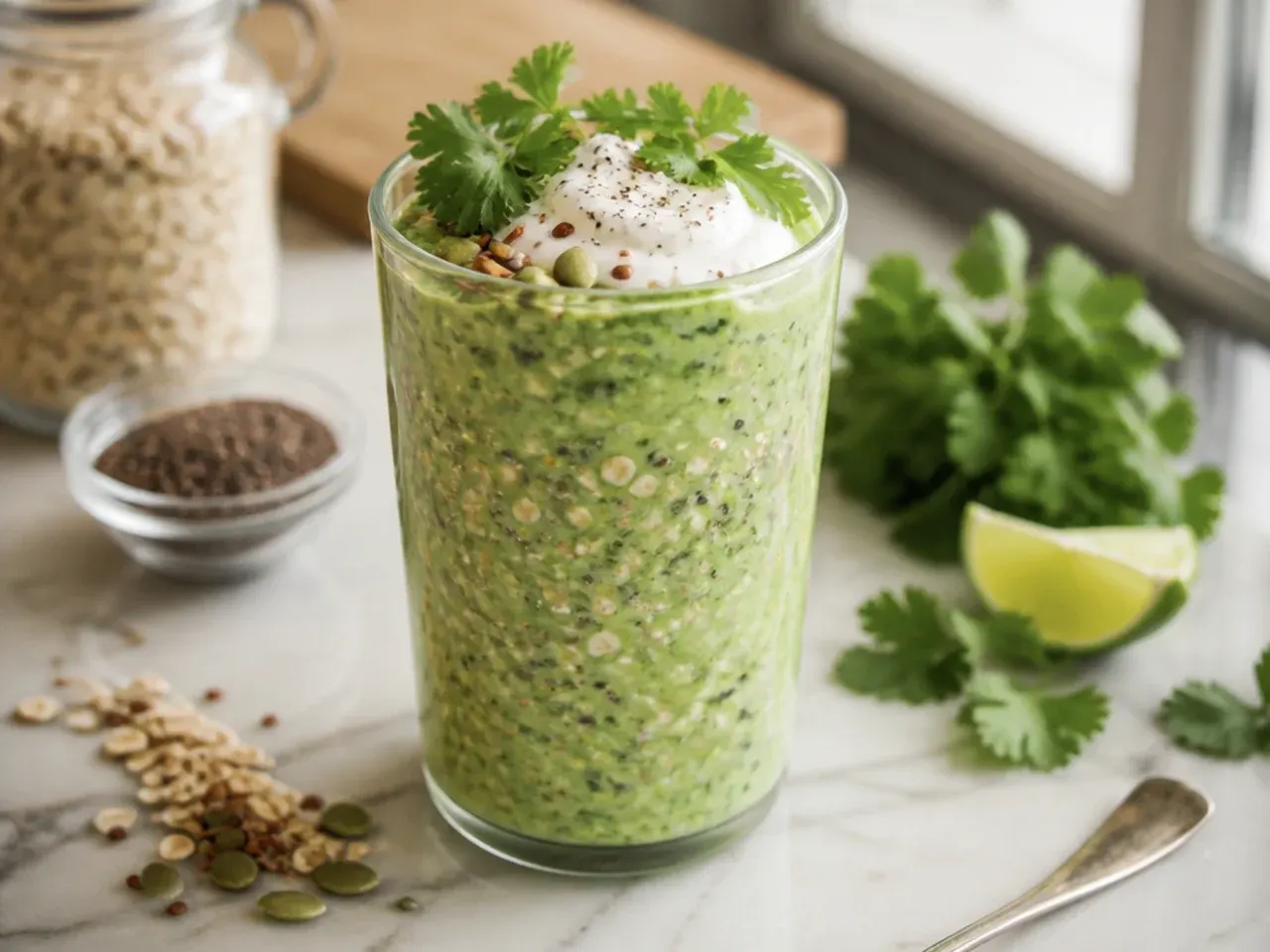 Overnight smoothie jar layered with oats, chia and berries