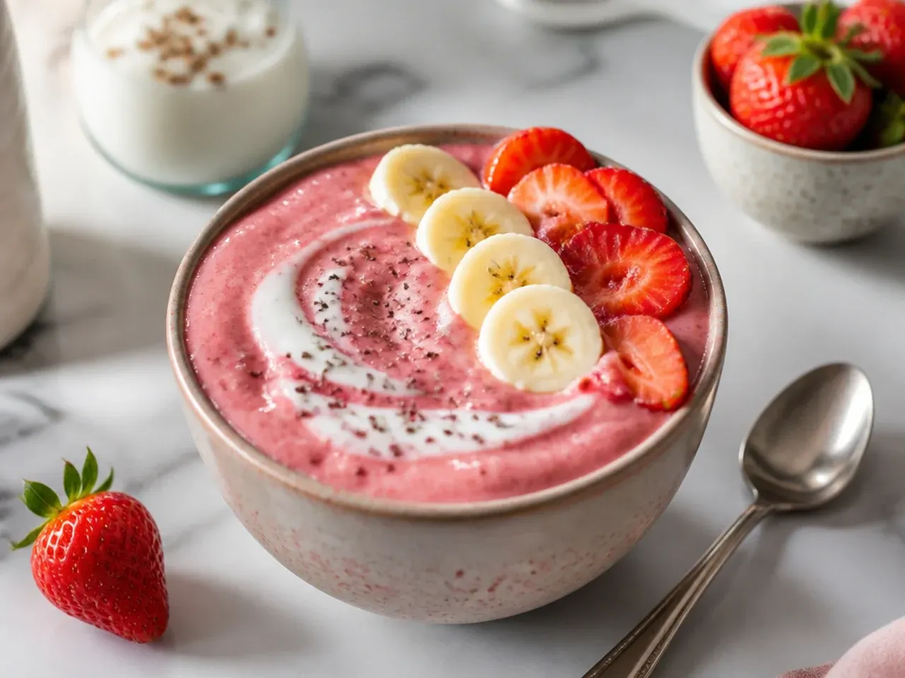 Pink strawberry banana probiotic smoothie in a glass