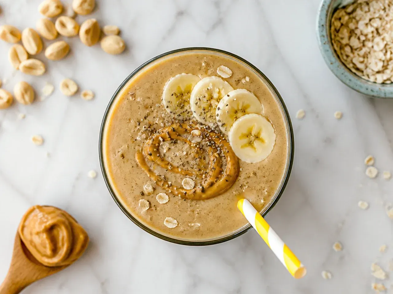 Peanut butter banana smoothie topped with a peanut butter drizzle
