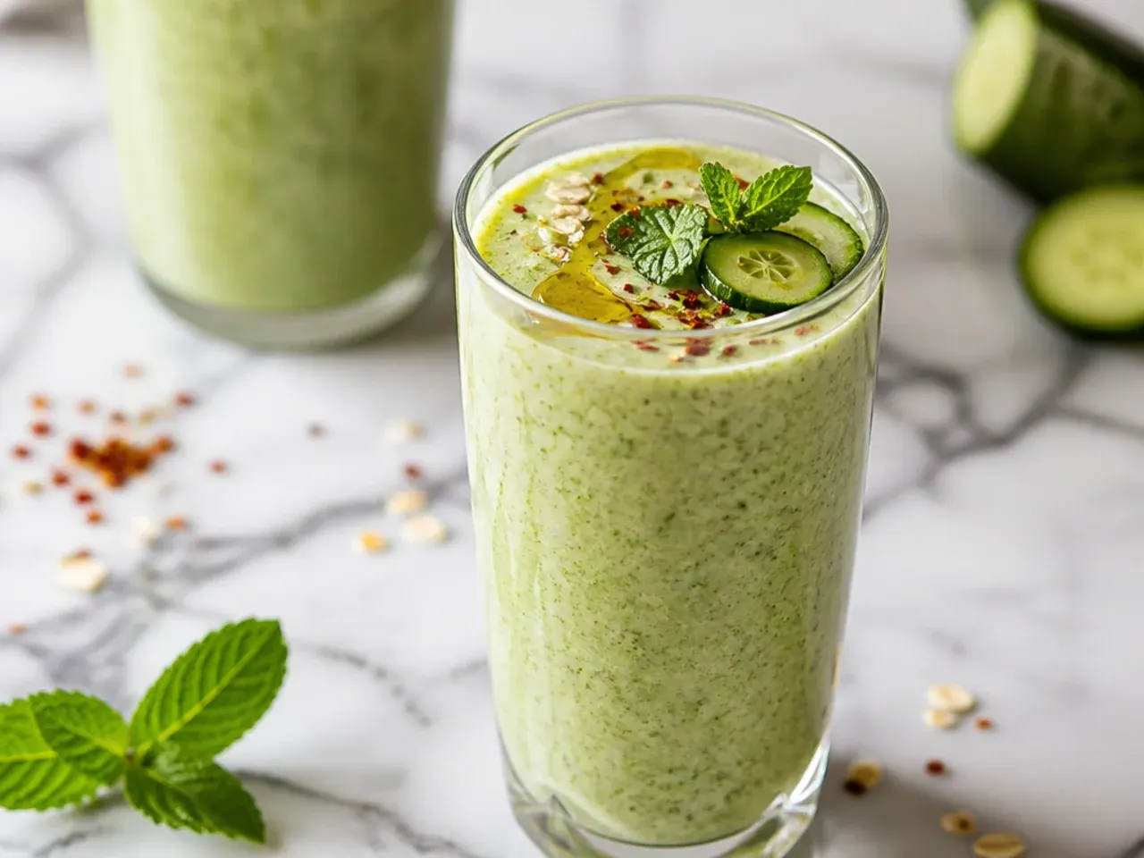 Pale green cucumber mint smoothie in a tall glass over ice