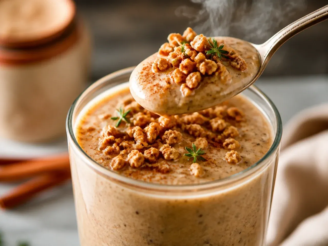 Chai-spiced kefir smoothie dusted with cinnamon