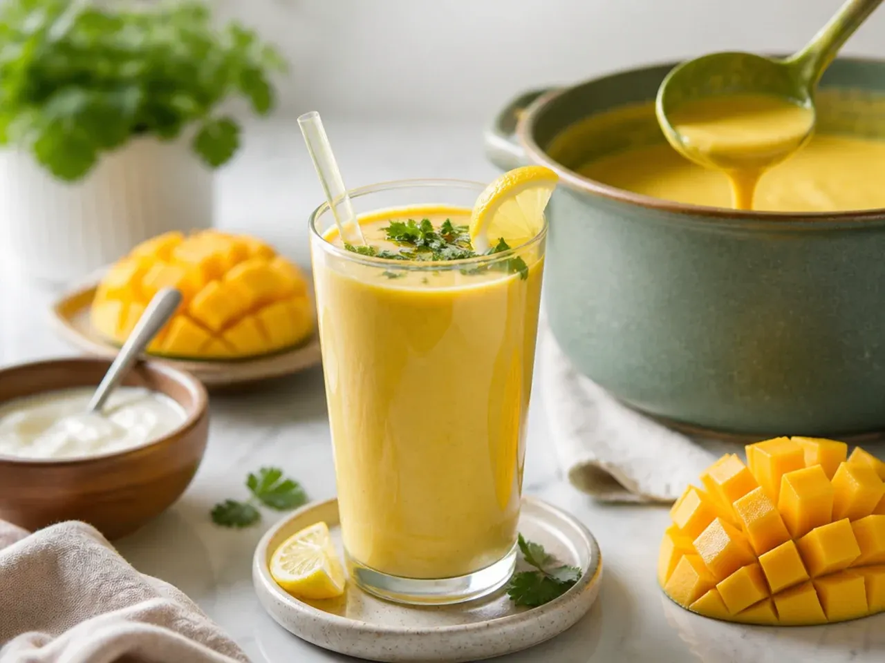 Creamy golden mango coconut smoothie in a glass