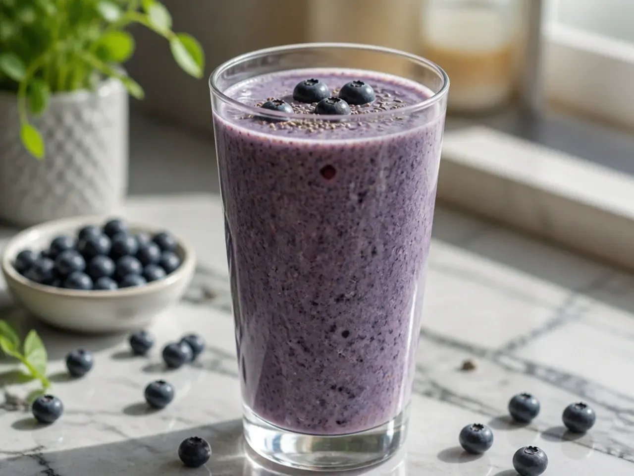 Deep purple blueberry chia smoothie in a jar
