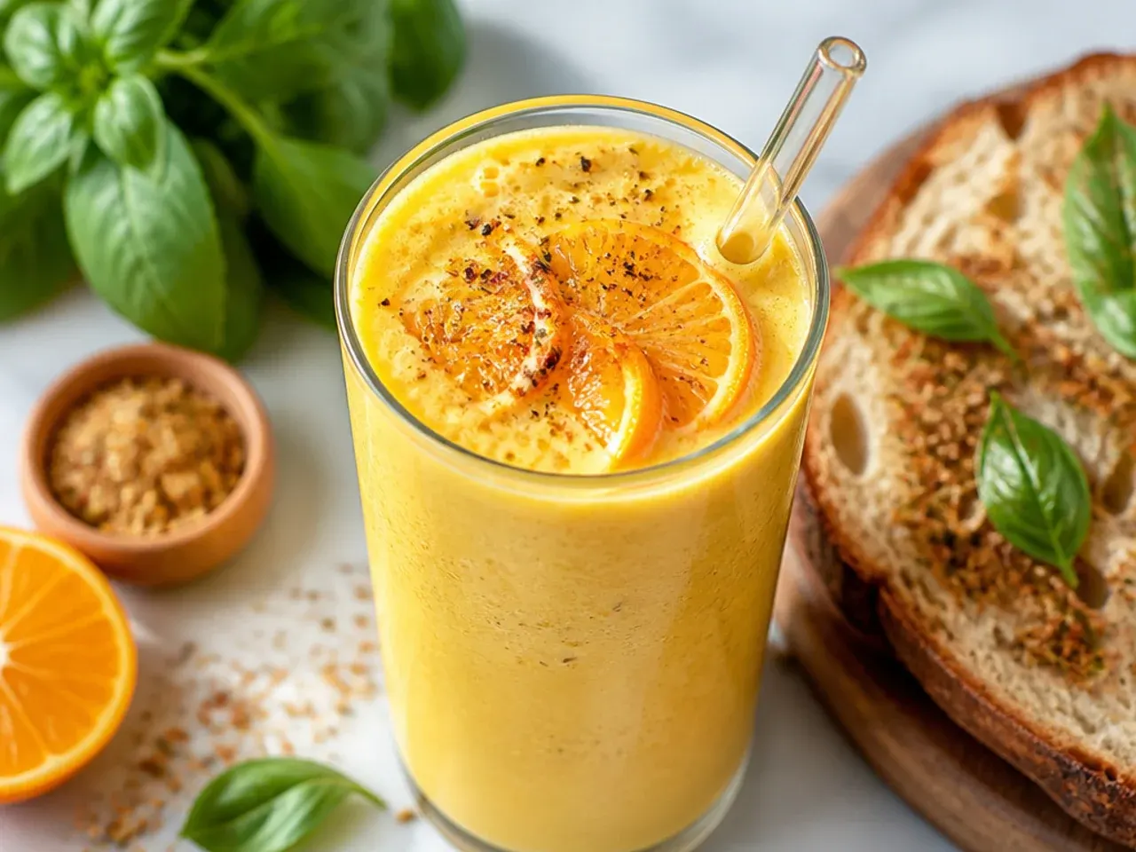Golden orange turmeric smoothie in a glass with an orange slice