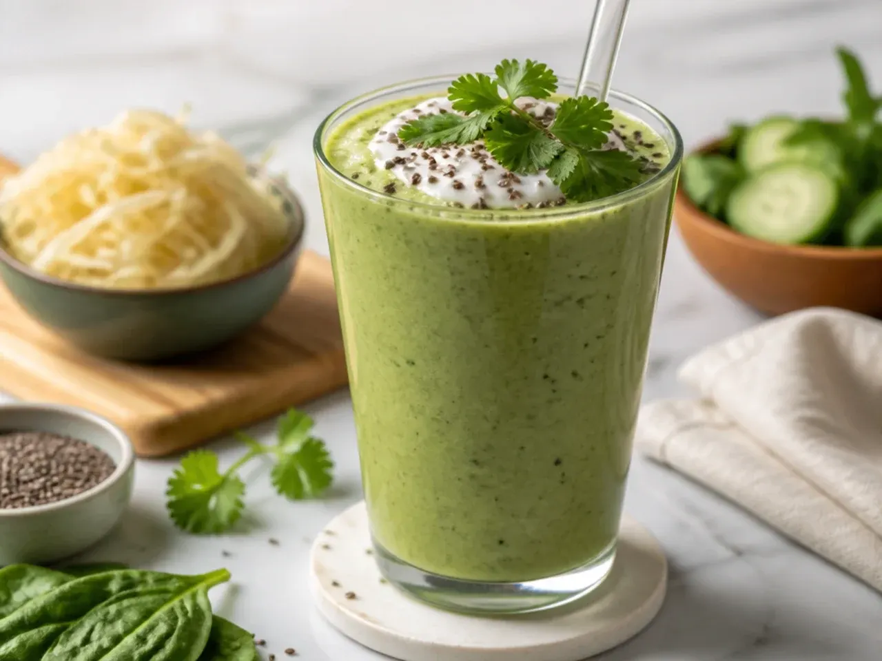 Green sauerkraut brine smoothie in a glass jar
