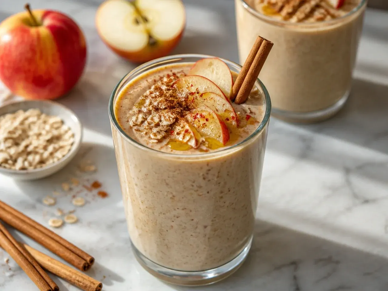 Apple cinnamon oat smoothie with a cinnamon stick garnish