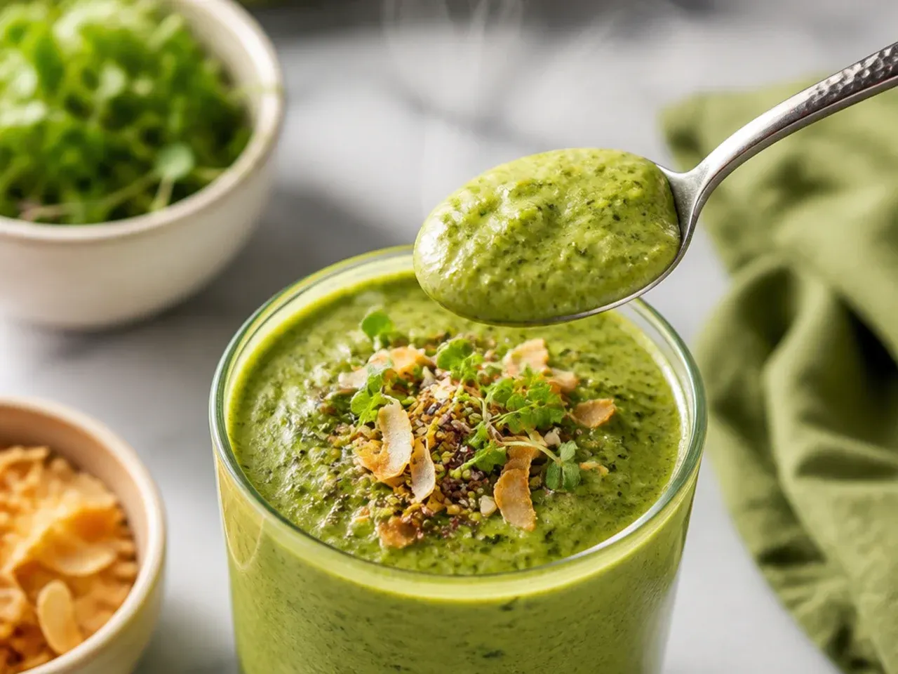 Bright green goddess smoothie topped with chia seeds