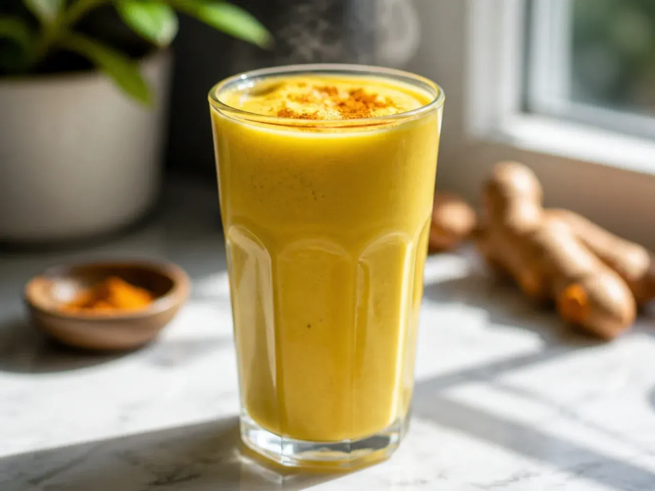 Golden turmeric ginger kefir smoothie in a glass mug