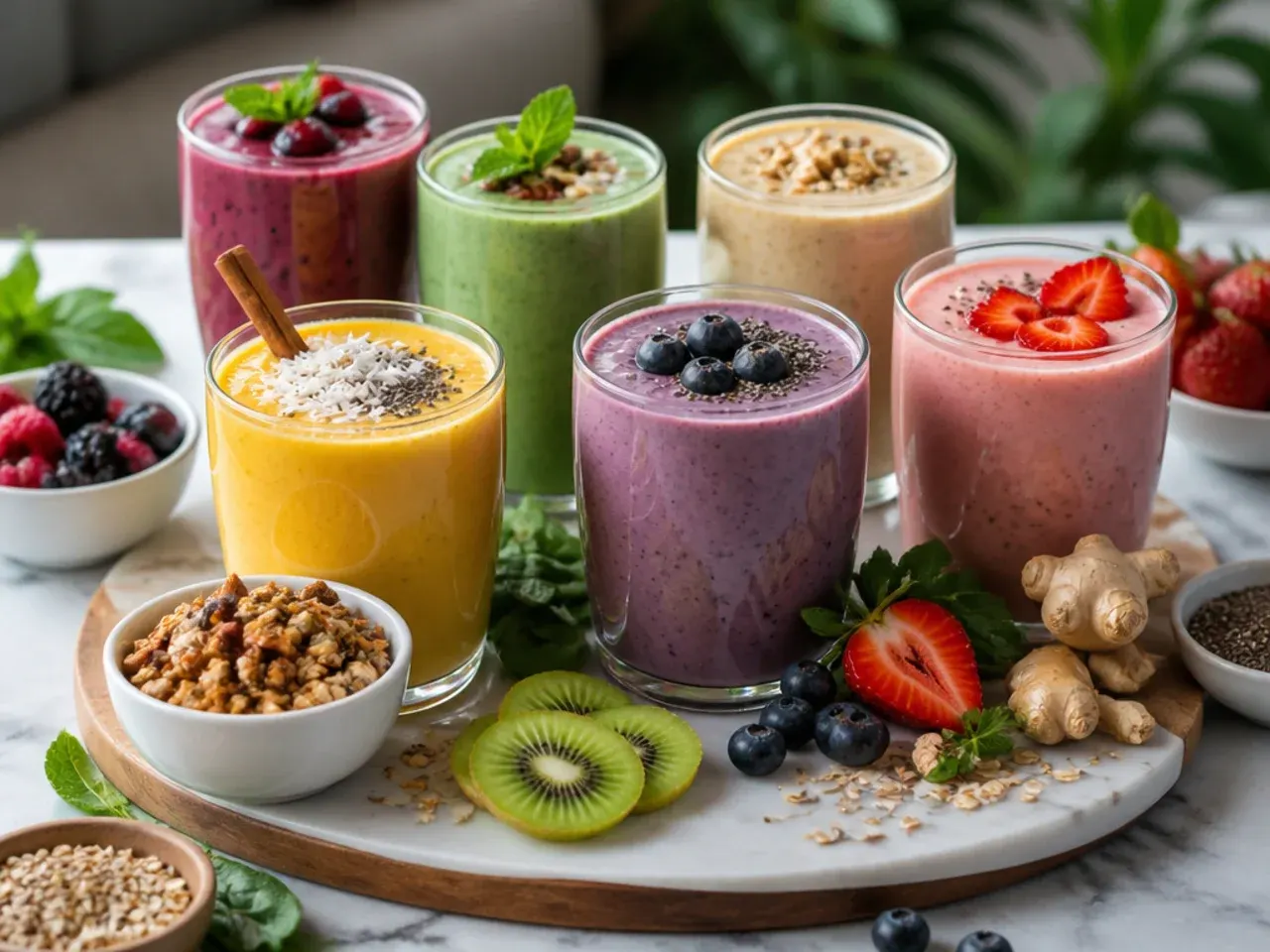 Smoothie bowl topped with granola, banana slices and berries