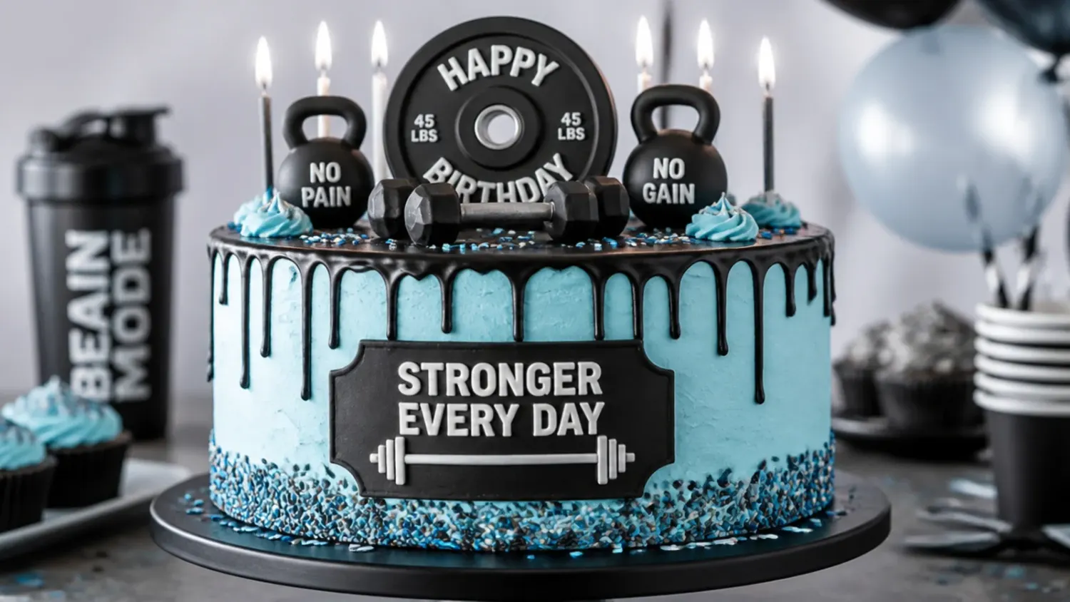 A chocolate dumbbell-shaped birthday cake with grey fondant weight plates sitting next to a classic round iced sponge cake