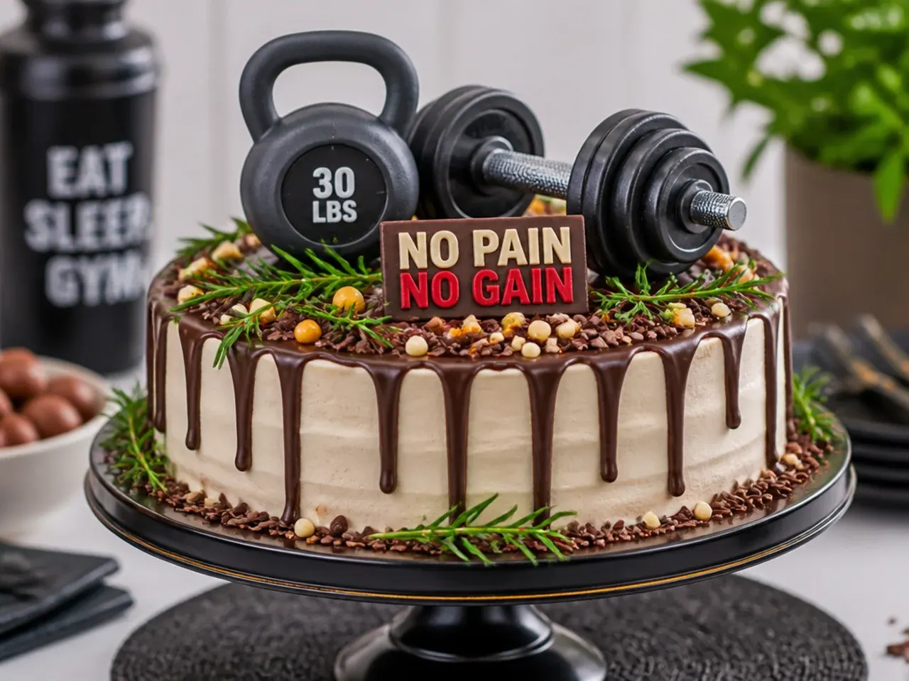 Close-up of a dumbbell cake with grey fondant weight plates and a black fondant bar on a marble cake stand