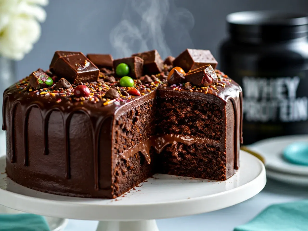 A sliced cross-section of chocolate cake showing dense fudgy crumb next to a lighter buttercream sponge slice
