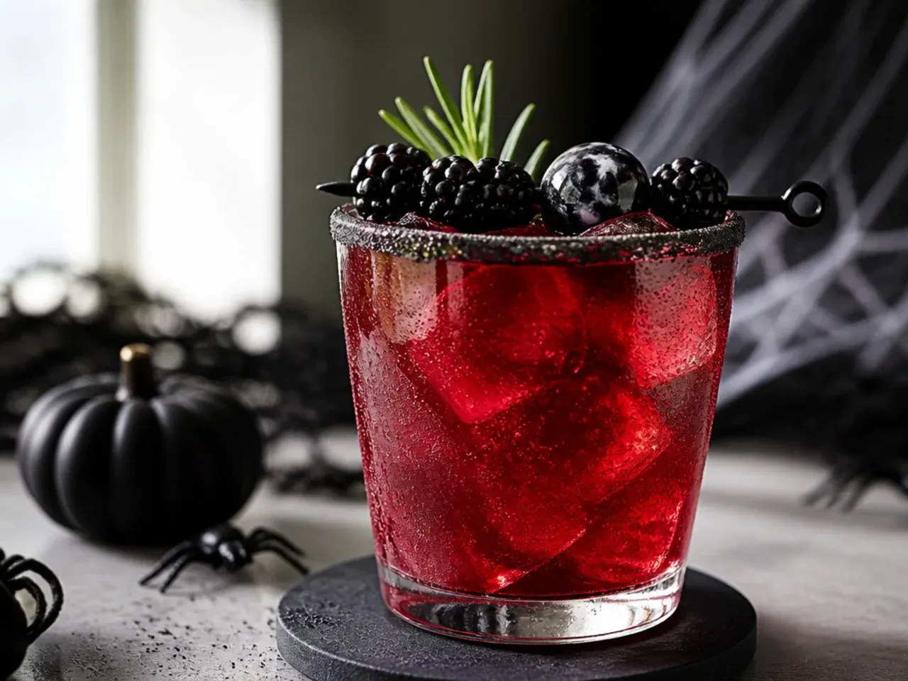 Overhead shot of several small Halloween-themed drinks in glasses on a dark table with orange and black napkins.