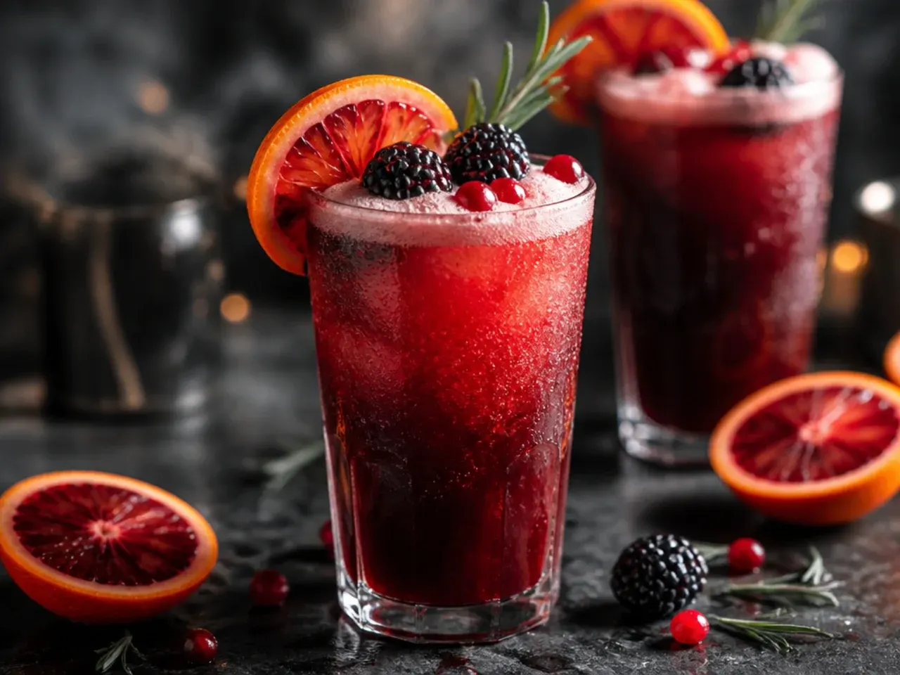 Deep orange fizzy drink in a coupe glass with a red grenadine layer settled at the base.