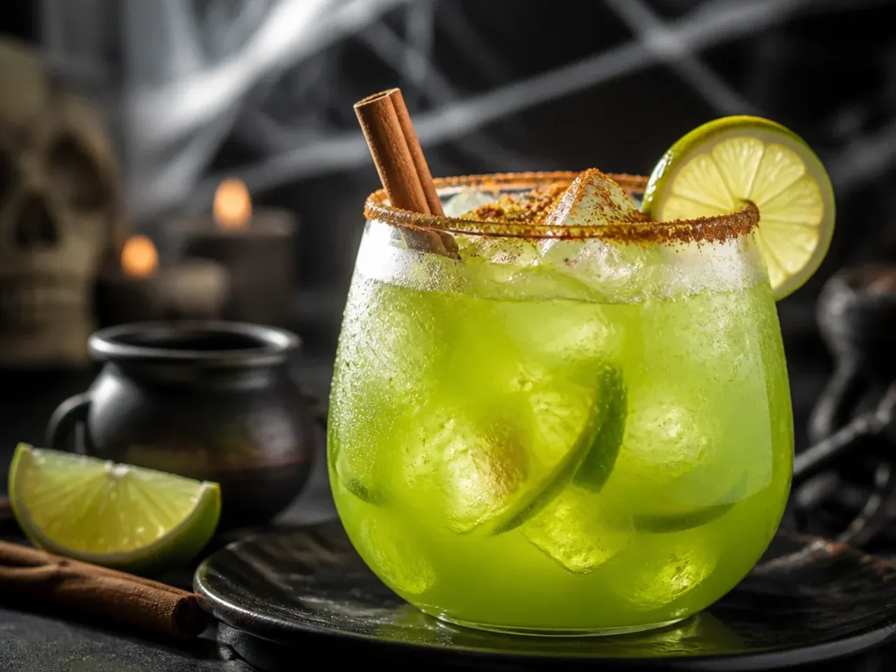 Clear green limeade in a mason jar with mint leaves and a striped straw.