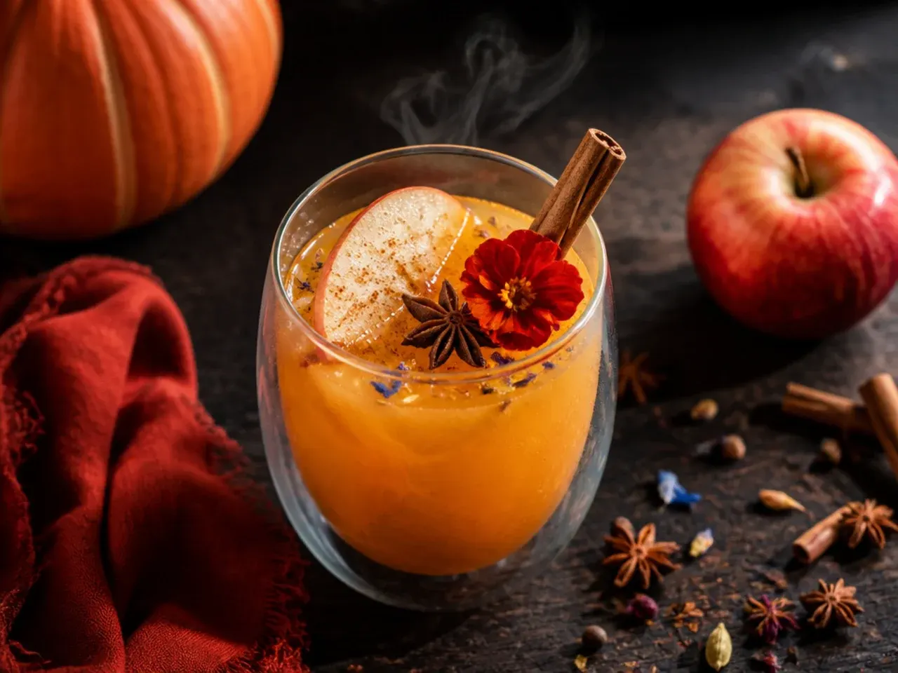 Steaming mug of amber pumpkin spiced cider with a cinnamon stick and cinnamon-sugar rim.