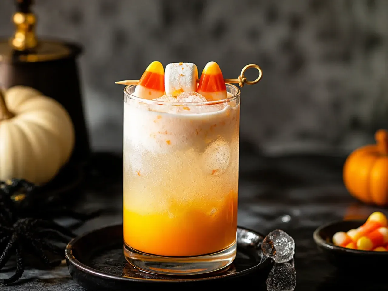 Layered orange and cream soda drink resembling striped candy corn, topped with vanilla ice cream.