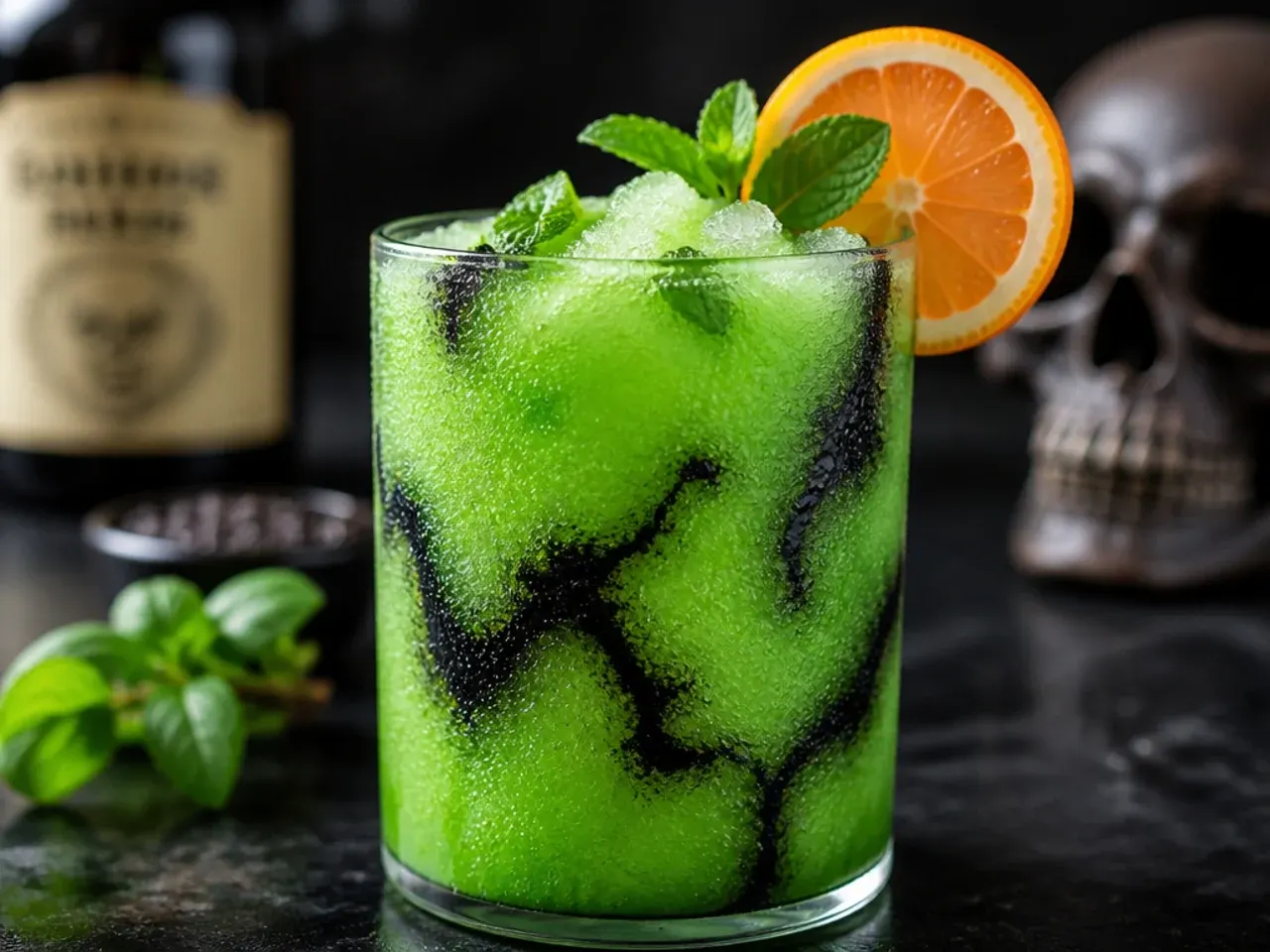 Bright green frozen slushie in a glass with a black sugar rim, garnished with a lime wheel.